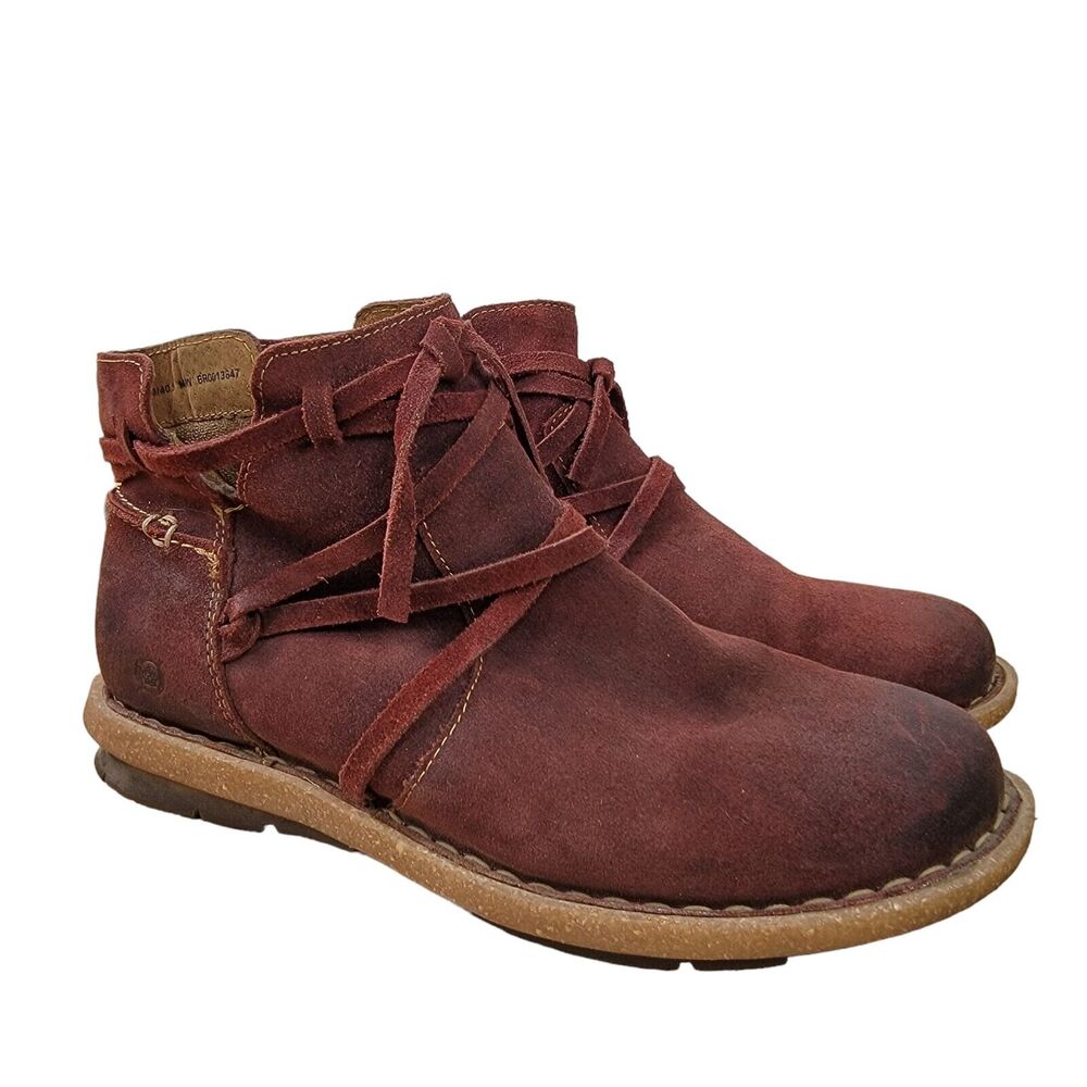 Born Women's Red Tarkiln Suede Ankle Boots Booties sz 9 Zip Leather Wrap Laces